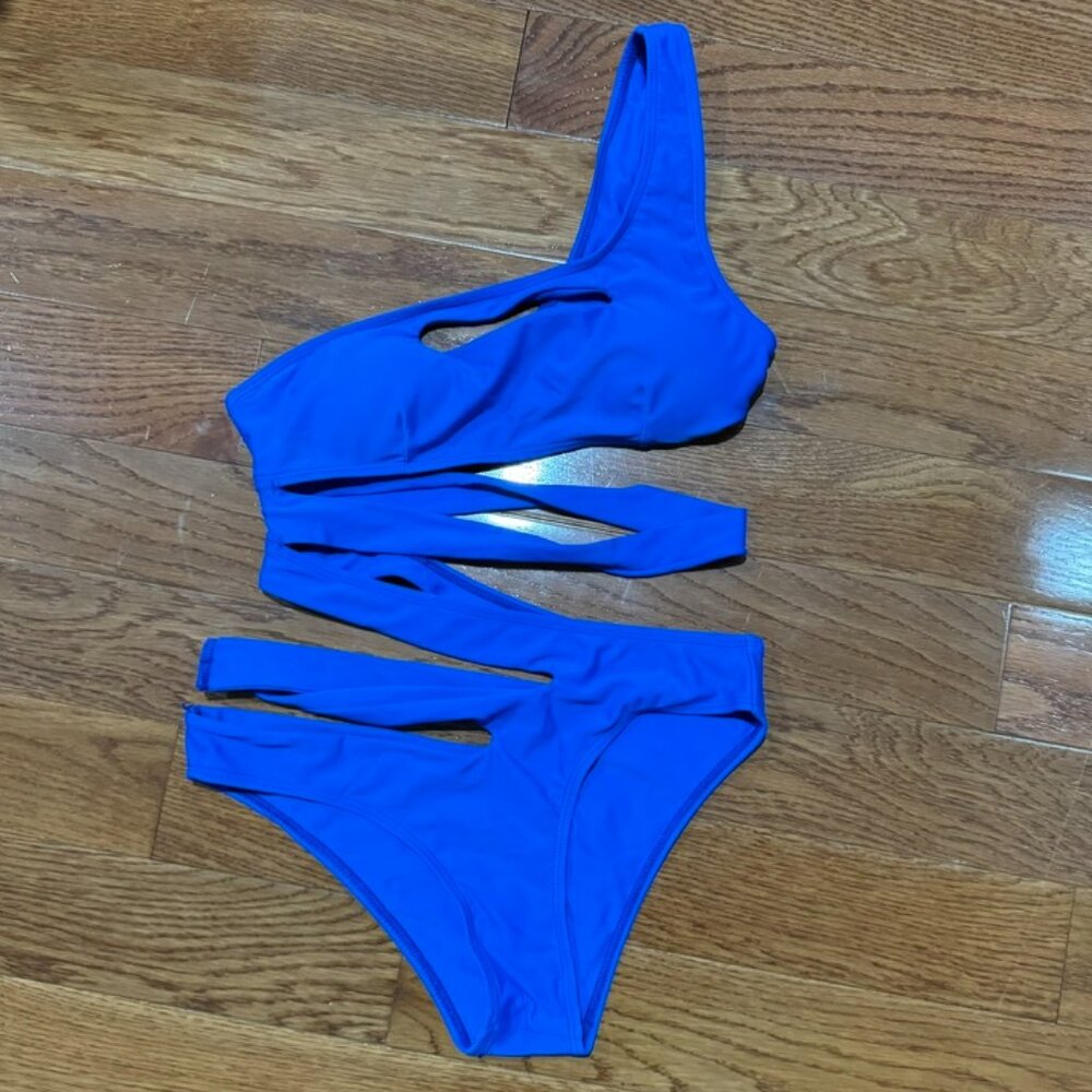 Blue One-Shoulder Women Swim One Piece